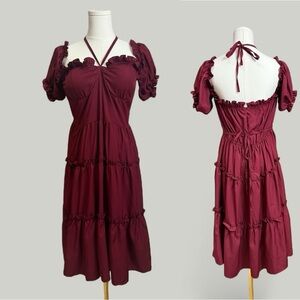 Red Dress Women XL Bustier Puff Short Sleeves Ruffles Halter Sundress Wedding